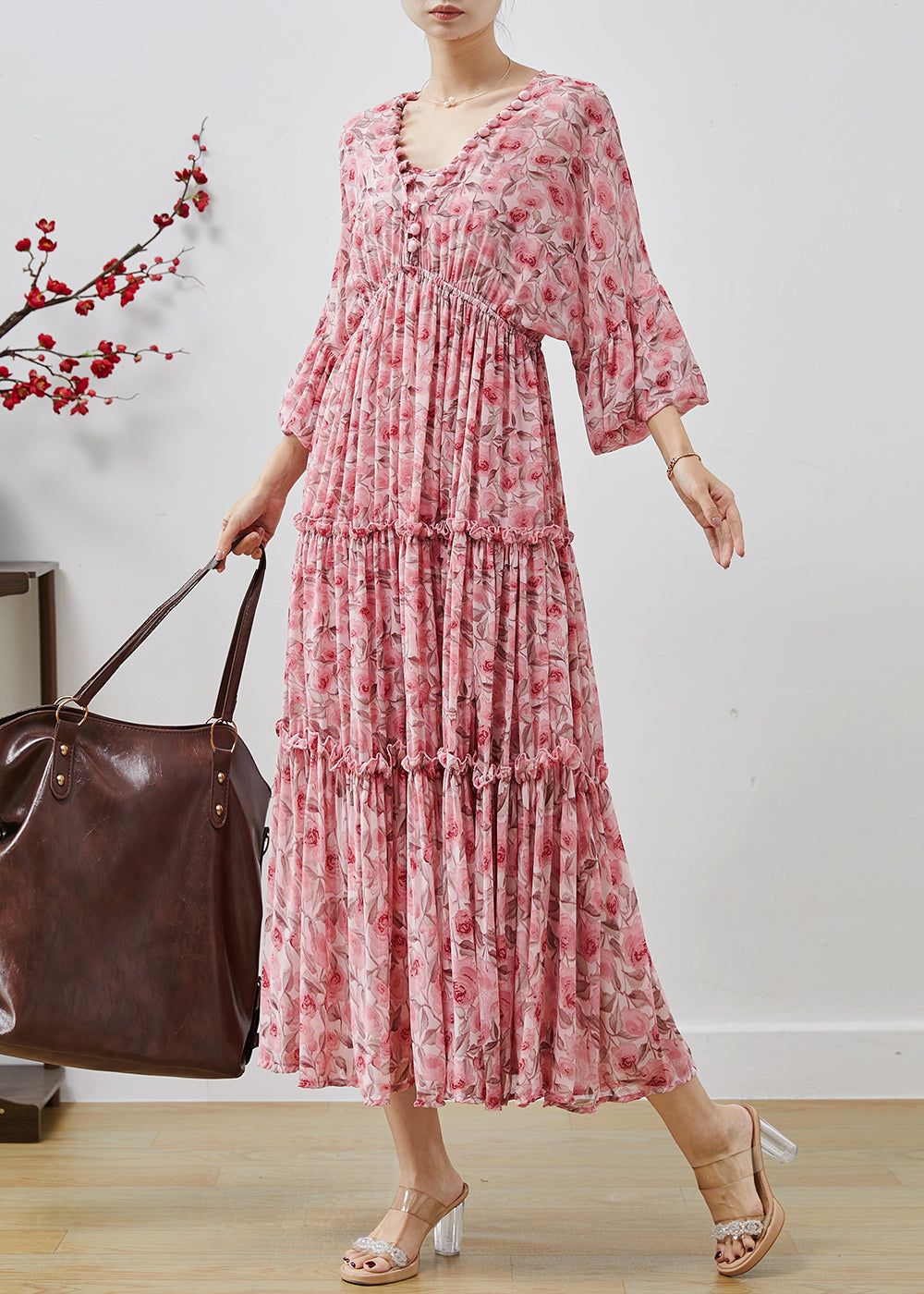 Pink Ruffled Print Chiffon Maxi Dresses Lantern Sleeve Ap1064