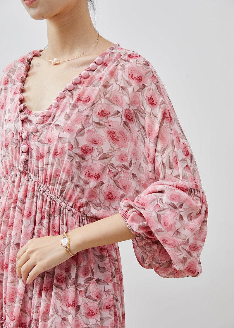 Pink Ruffled Print Chiffon Maxi Dresses Lantern Sleeve Ap1064