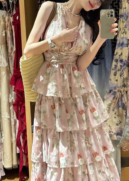 Pink V Neck Print Chiffon Long Dresses Sleeveless Zl025