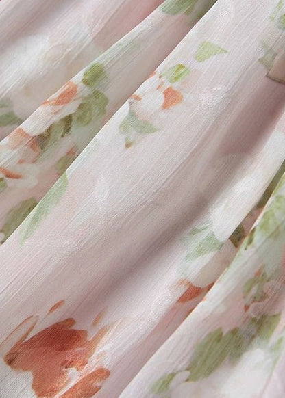 Pink V Neck Print Chiffon Long Dresses Sleeveless Zl025