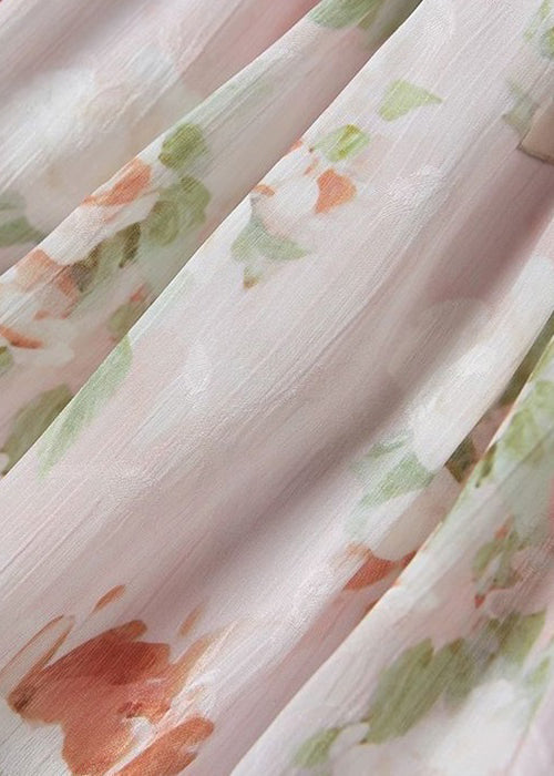 Pink V Neck Print Chiffon Long Dresses Sleeveless Zl025
