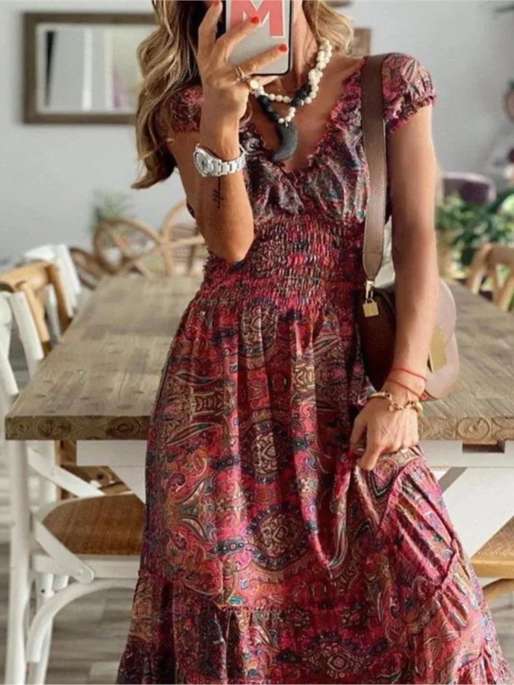 Print Long Dresses V-neck Elastic Waist Short Sleeves Vacation Style Dress Female Vestidos
