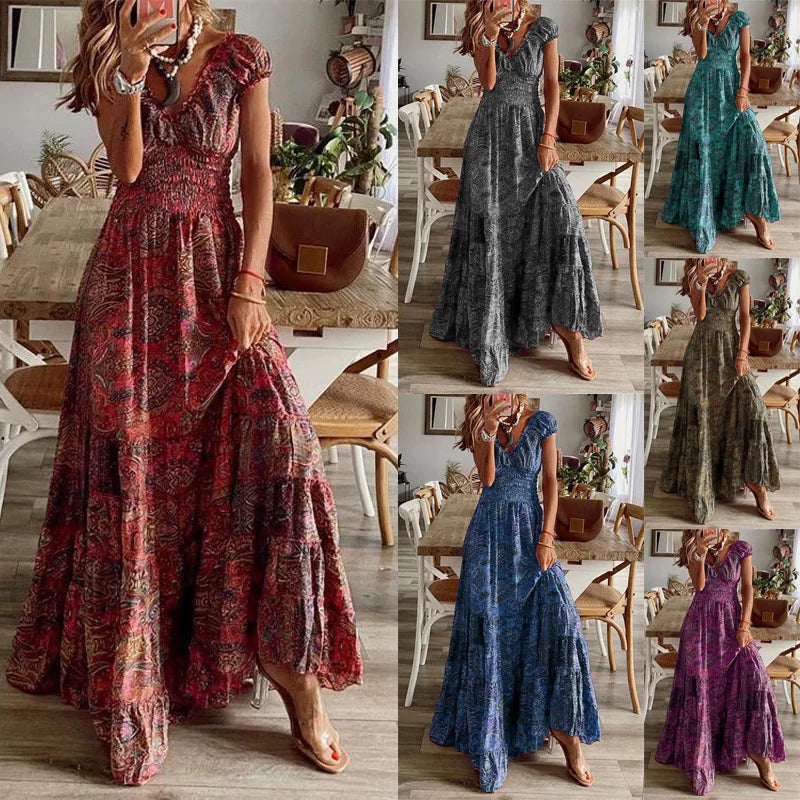 Print Long Dresses V-neck Elastic Waist Short Sleeves Vacation Style Dress Female Vestidos