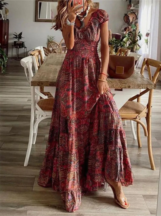 Print Long Dresses V-neck Elastic Waist Short Sleeves Vacation Style Dress Female Vestidos