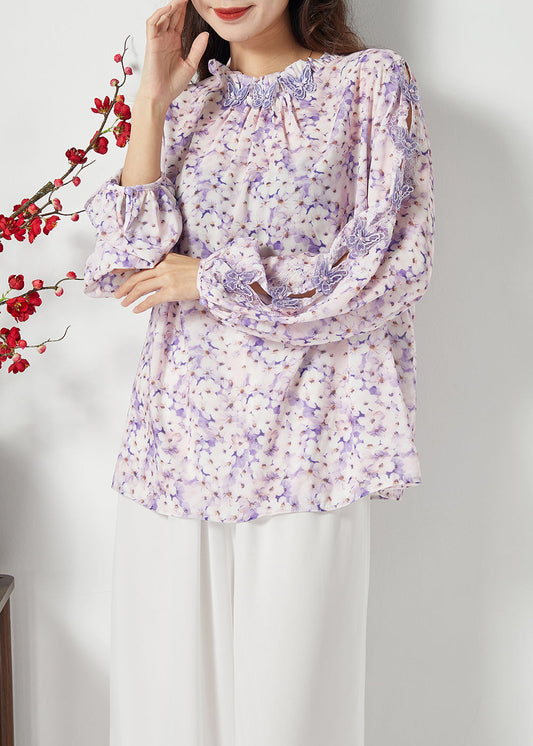 Purple Print Hollow Out Chiffon Blouses Spring Lc0391