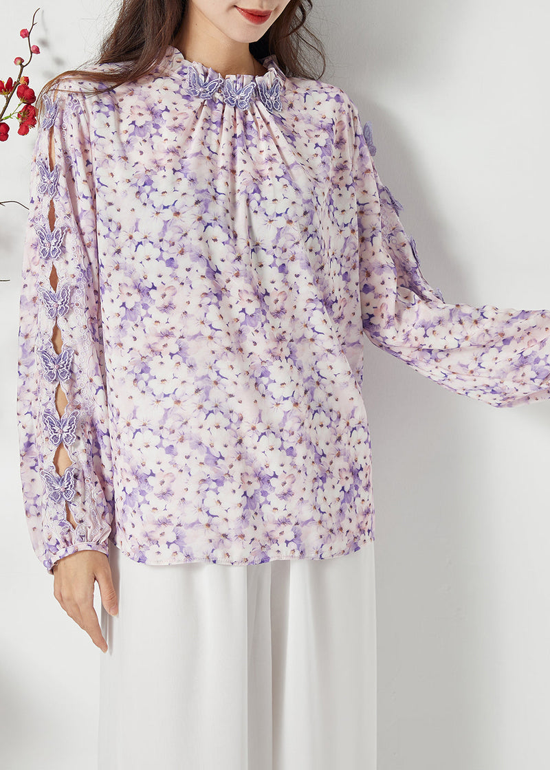 Purple Print Hollow Out Chiffon Blouses Spring Lc0391