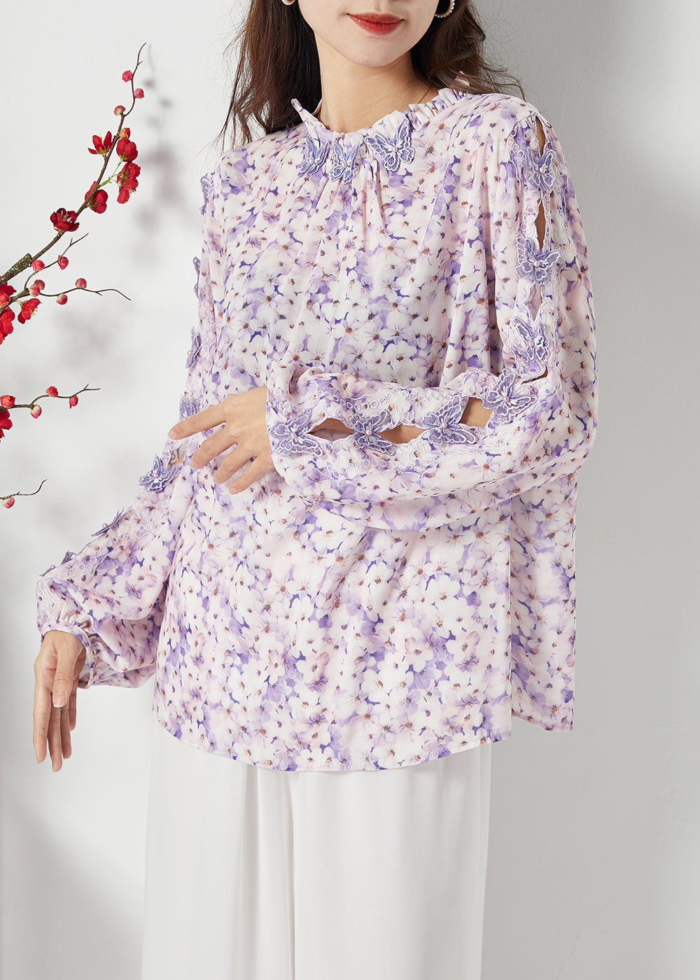 Purple Print Hollow Out Chiffon Blouses Spring Lc0391