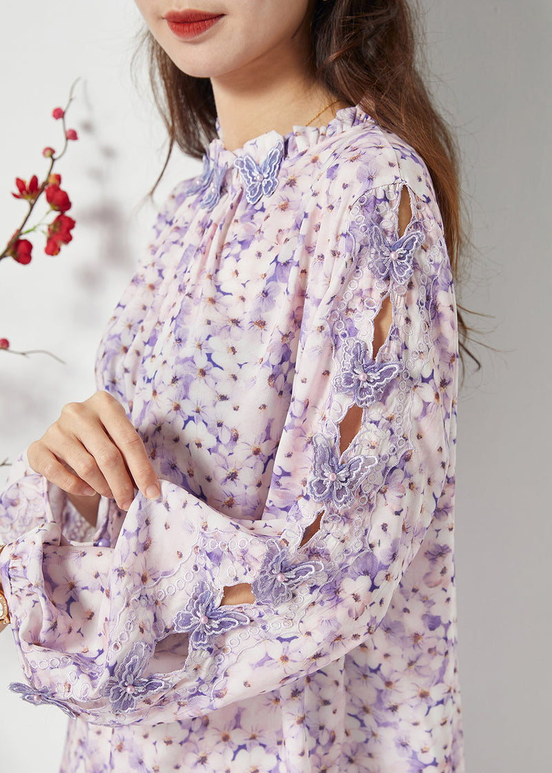Purple Print Hollow Out Chiffon Blouses Spring Lc0391