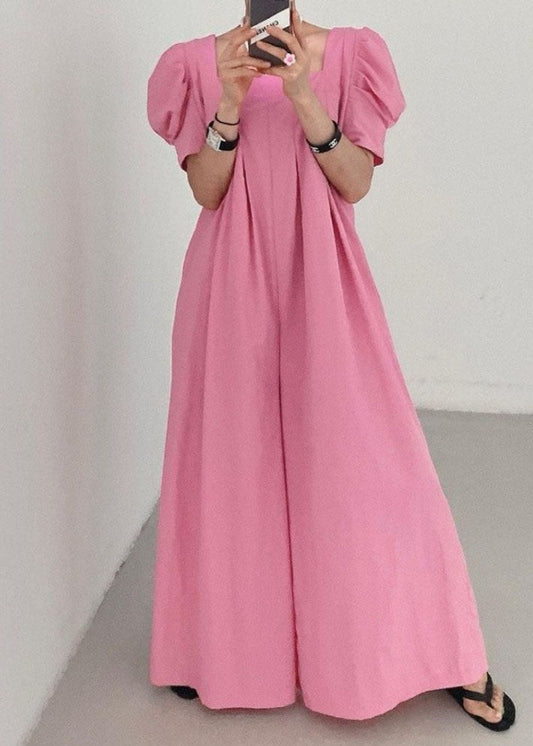 Rose Square Collar Oversized Linen Jumpsuits Wide Leg Pants Summer Ly1317