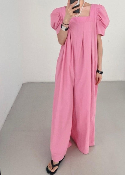 Rose Square Collar Oversized Linen Jumpsuits Wide Leg Pants Summer Ly1317