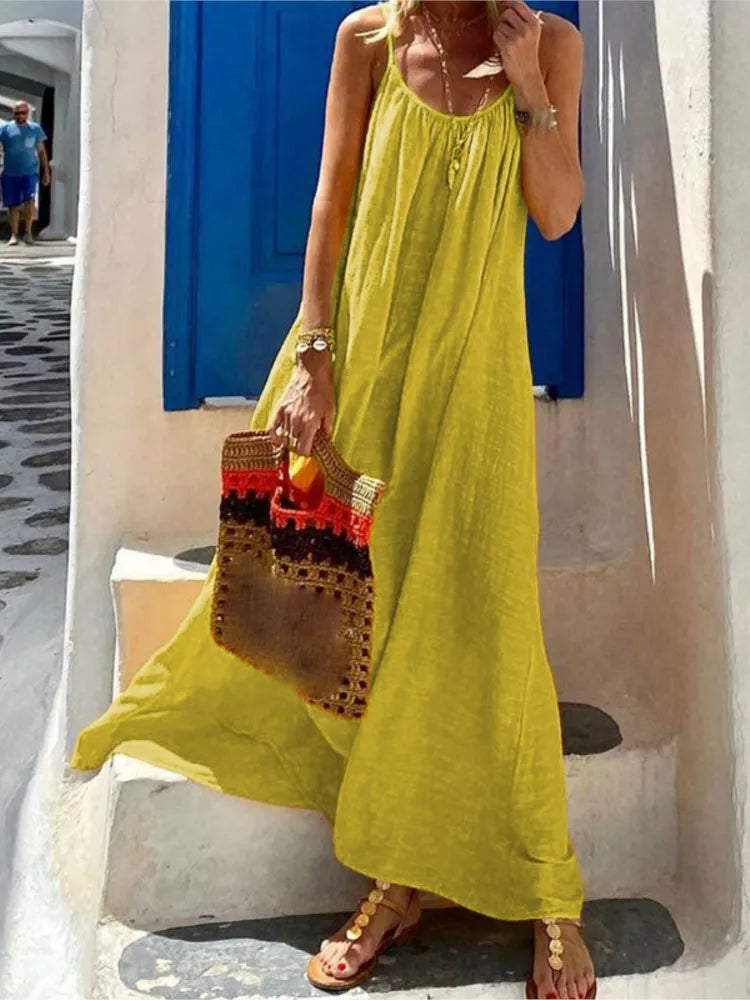 Color Spaghetti Strap Dresses Loose Backless Beach Vacation Long Dress Female Vestidos