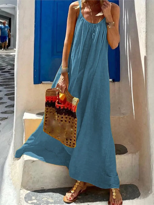 Color Spaghetti Strap Dresses Loose Backless Beach Vacation Long Dress Female Vestidos