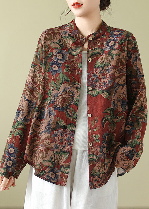 Stand Collar Print Button Cotton Coats Fall Qo075