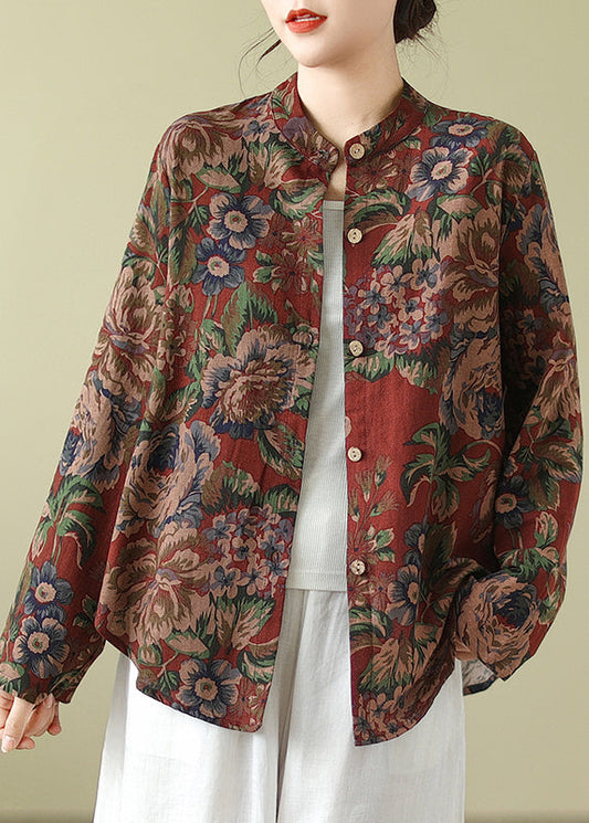 Stand Collar Print Button Cotton Coats Fall Qo075