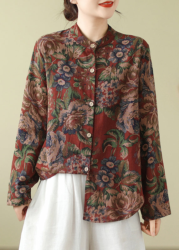 Stand Collar Print Button Cotton Coats Fall Qo075
