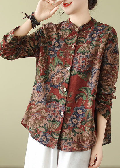 Stand Collar Print Button Cotton Coats Fall Qo075
