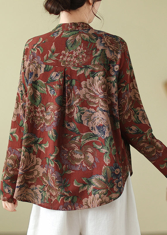 Stand Collar Print Button Cotton Coats Fall Qo075