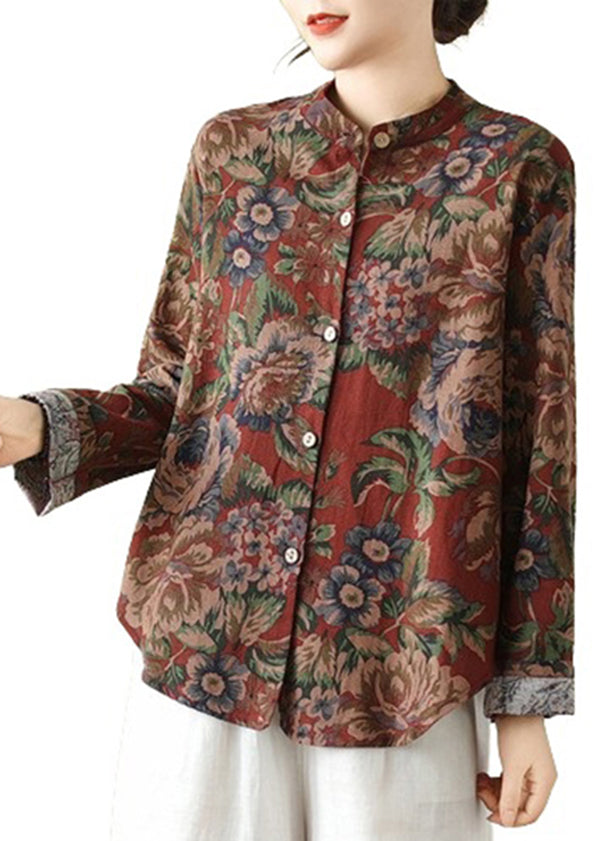 Stand Collar Print Button Cotton Coats Fall Qo075