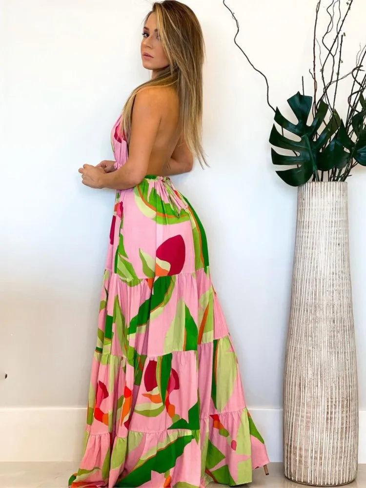 Style Print Halter Neck Dresses V-neck Backless Vacation Beach Long Dress Commuting Clothing Vestidos