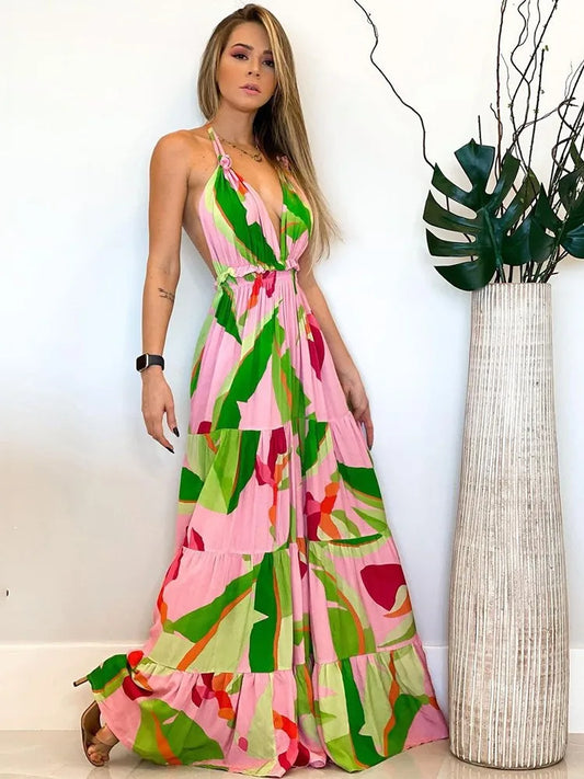 Style Print Halter Neck Dresses V-neck Backless Vacation Beach Long Dress Commuting Clothing Vestidos