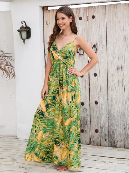 Style Print Spaghetti Strap Dresses V-neck Backless Beach Vacation Long Dress Female Vestido Summer New
