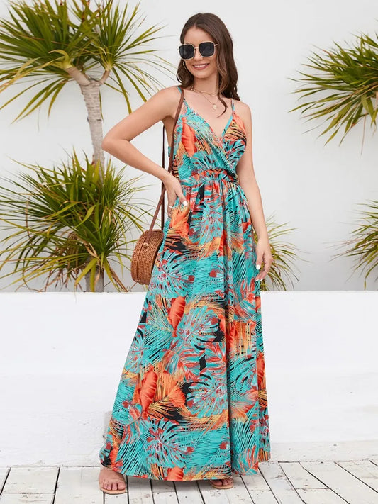 Style Print Spaghetti Strap Dresses V-neck Backless Beach Vacation Long Dress Female Vestido Summer New