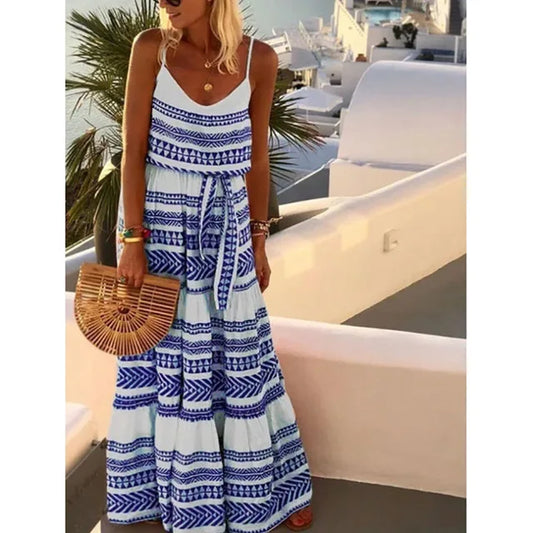 Style Print Spaghetti Strap Long Dresses V-neck Leace-up Beach Camisole Dress Summer New Lady Vestido