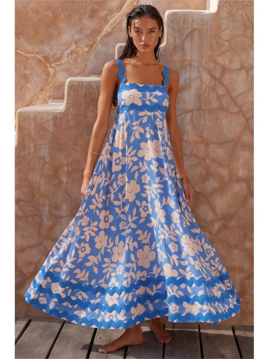 Summer Printed A-line Long Dress Backless Holiday Beach Spaghetti Strap Dresses for Maxi Vestidos Para Mujer