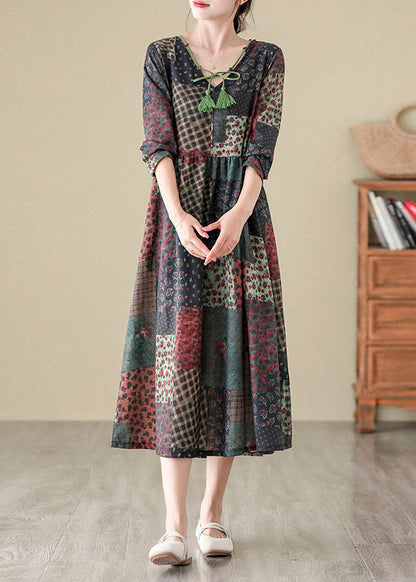 V Neck Print Patchwork Cotton Long Dress Fall Qo043