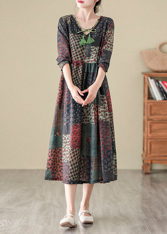 V Neck Print Patchwork Cotton Long Dress Fall Qo043
