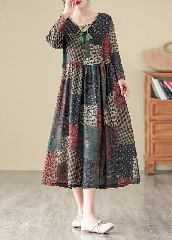 V Neck Print Patchwork Cotton Long Dress Fall Qo043