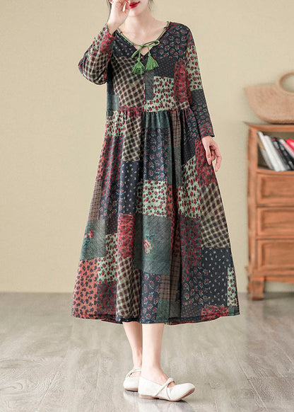 V Neck Print Patchwork Cotton Long Dress Fall Qo043