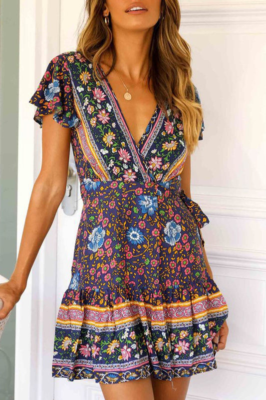 V Neck Tie-waist Slit Mini Dress