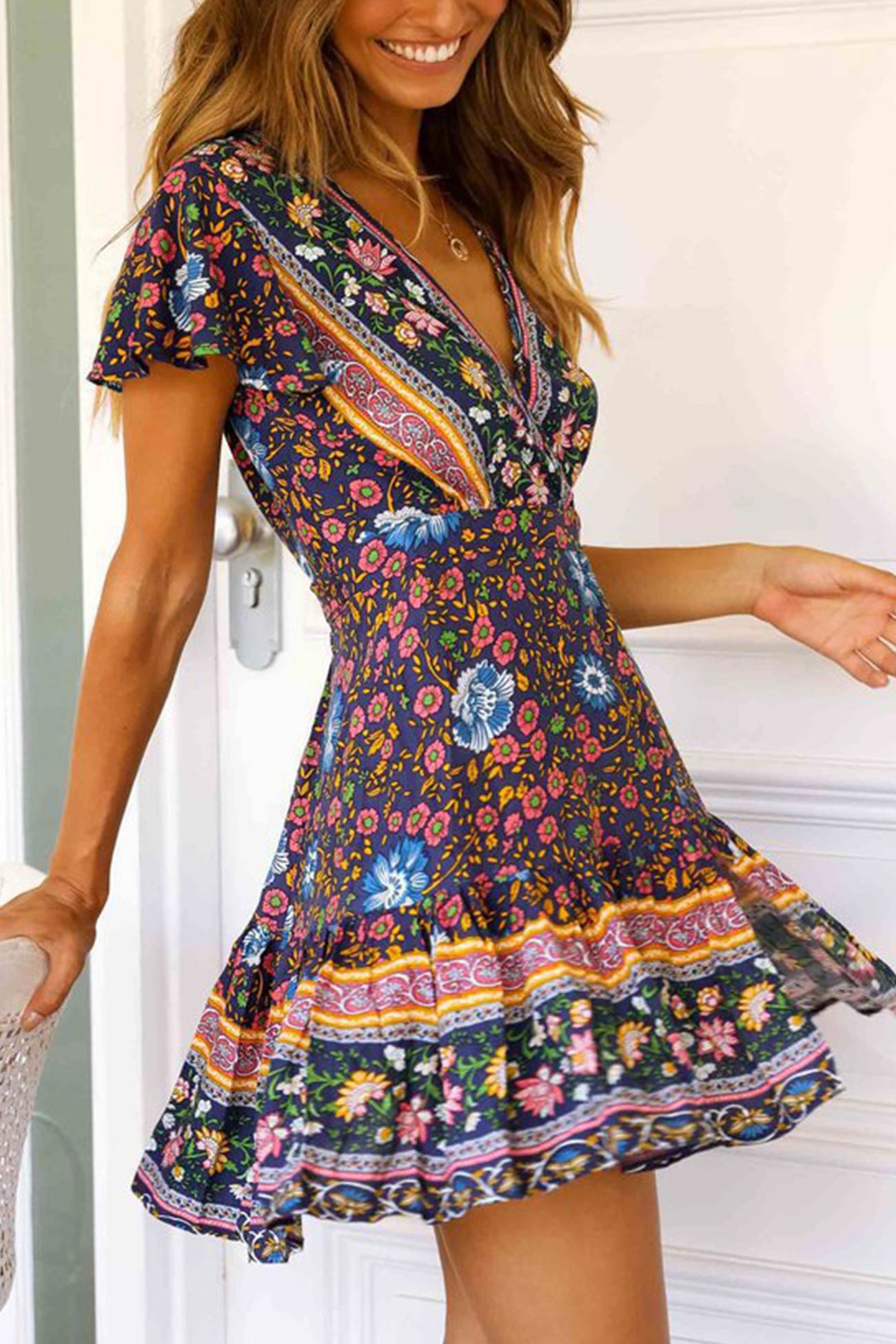 V Neck Tie-waist Slit Mini Dress