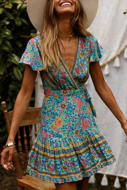 V Neck Tie-waist Slit Mini Dress