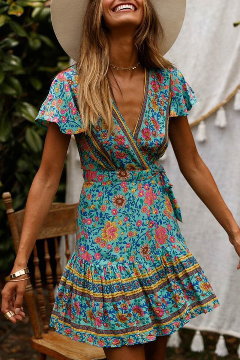 V Neck Tie-waist Slit Mini Dress