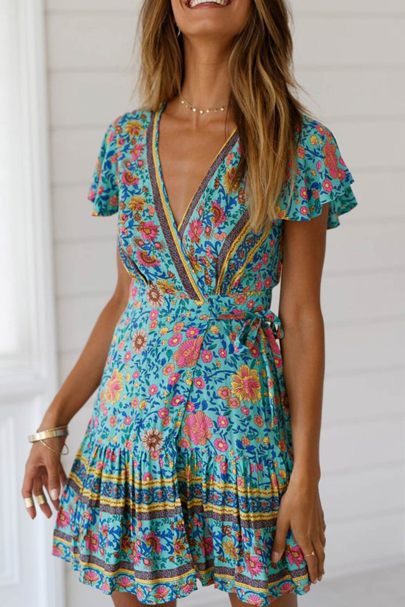 V Neck Tie-waist Slit Mini Dress