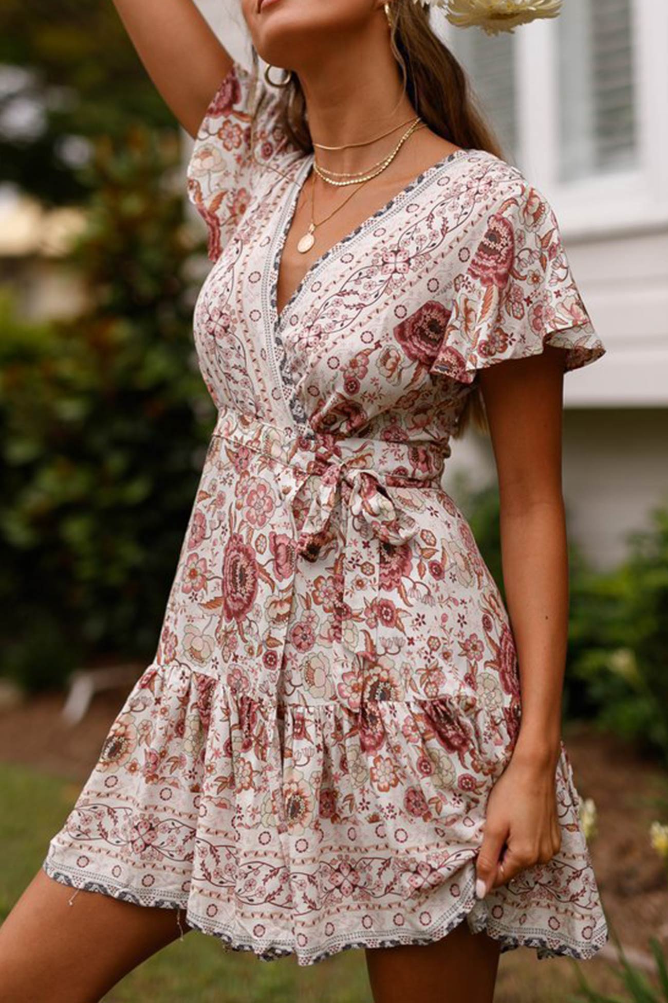 V Neck Tie-waist Slit Mini Dress