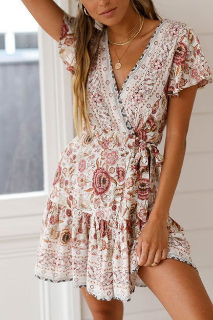 V Neck Tie-waist Slit Mini Dress