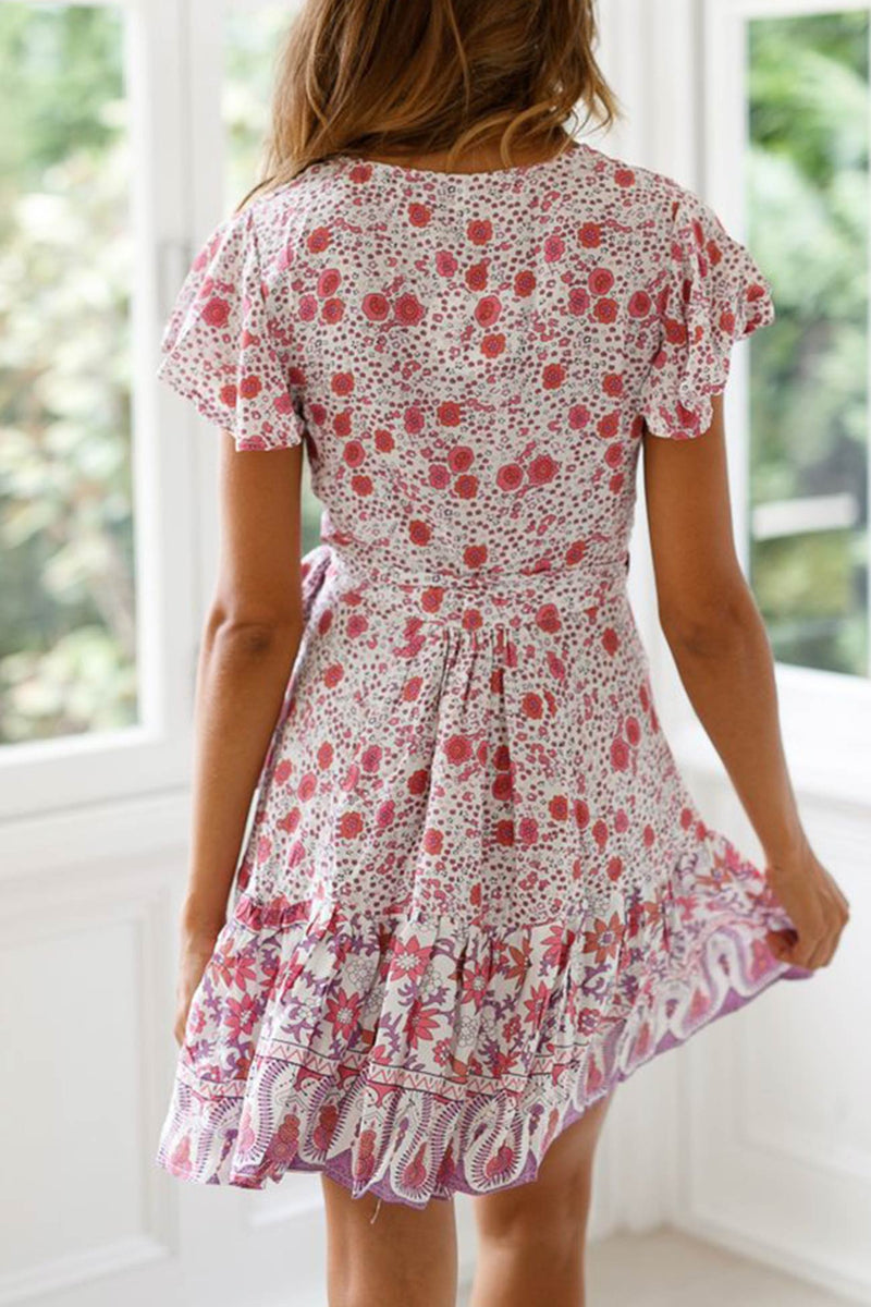 V Neck Tie-waist Slit Mini Dress