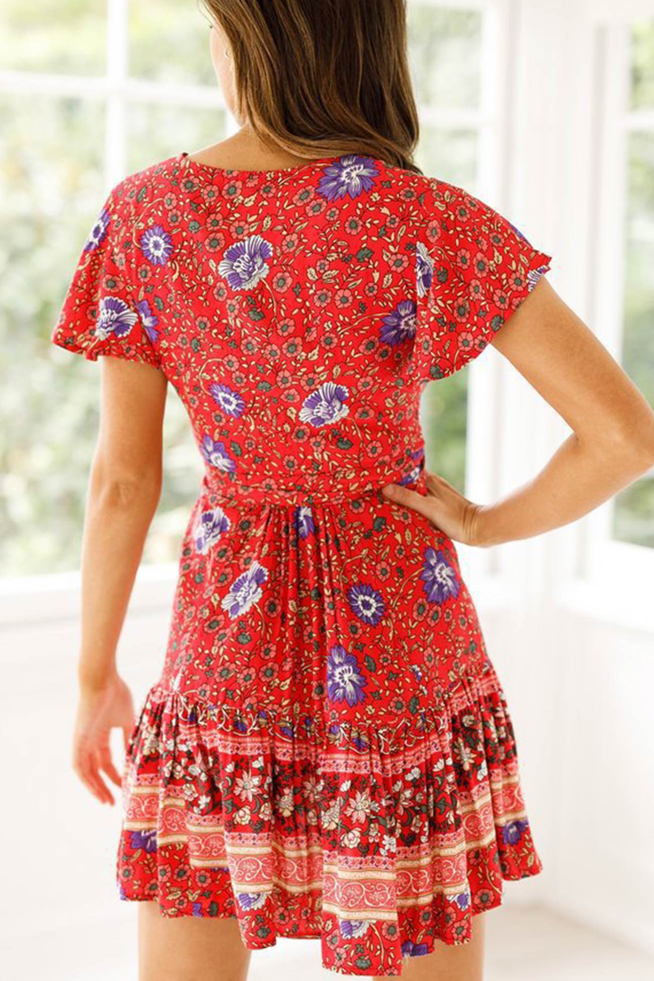V Neck Tie-waist Slit Mini Dress