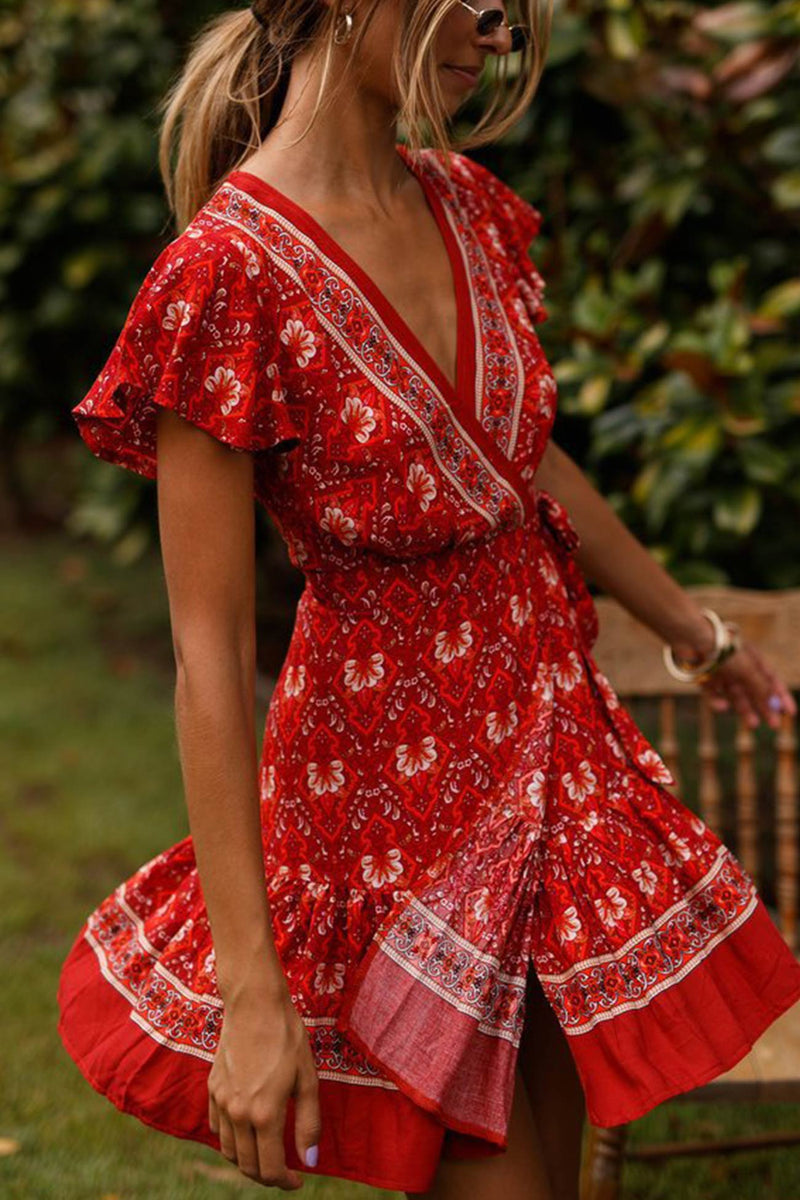 V Neck Tie-waist Slit Mini Dress