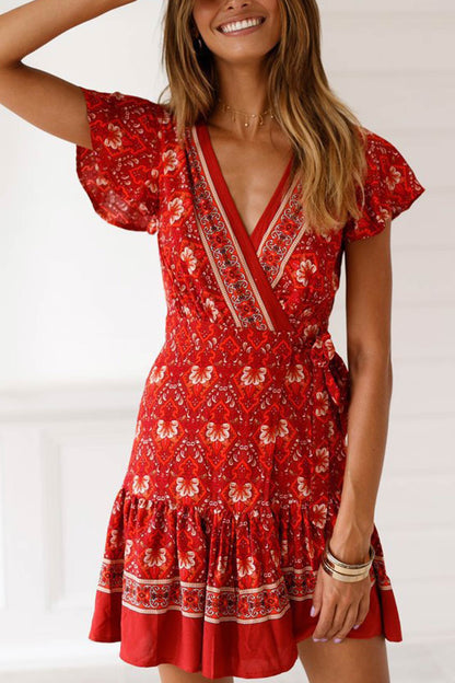 V Neck Tie-waist Slit Mini Dress
