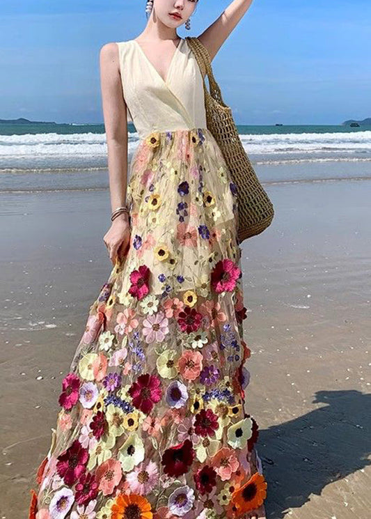 V Neck Tulle Embroidered Patchwork Tulle Maxi Dress Summer Uu1024