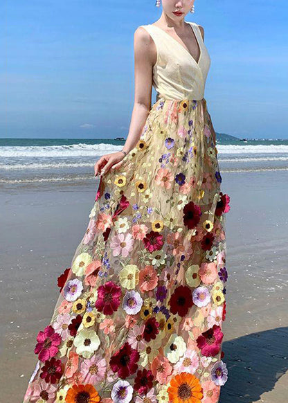 V Neck Tulle Embroidered Patchwork Tulle Maxi Dress Summer Uu1024