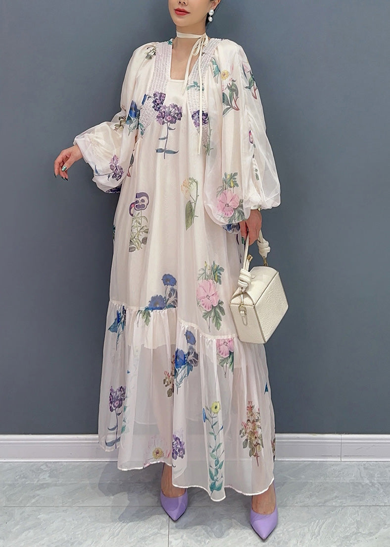 White Print Chiffon Long Dresses Lantern Sleeve Ar1027