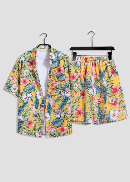 White Print Shirts and Shorts Ice Silk Two Pieces Set Summer Hg064