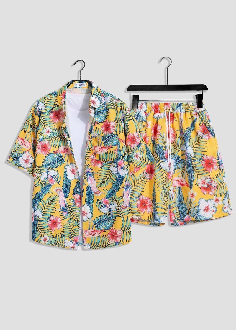 White Print Shirts and Shorts Ice Silk Two Pieces Set Summer Hg064