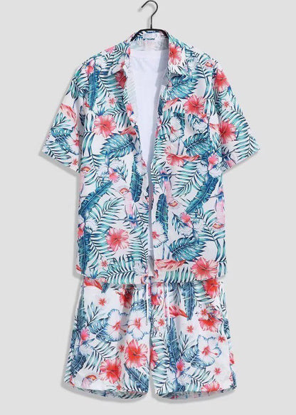 White Print Shirts and Shorts Ice Silk Two Pieces Set Summer Hg064