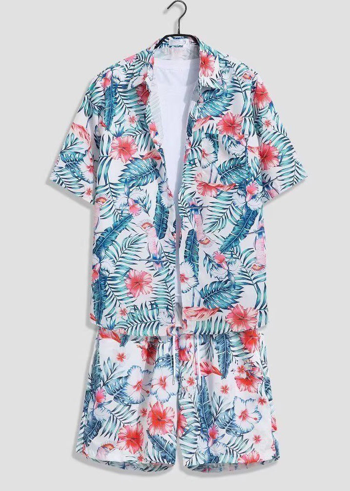 White Print Shirts and Shorts Ice Silk Two Pieces Set Summer Hg064